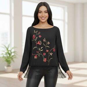 FRINGED 90s JOSEPHINE CHAUS Silk 3-piece Set- Top Pants Skirt Floral Embroidery